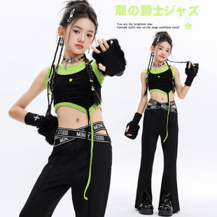女童爵士舞演出服短款假两件上衣黑喇叭裤时尚字母腰夏季套装jazz