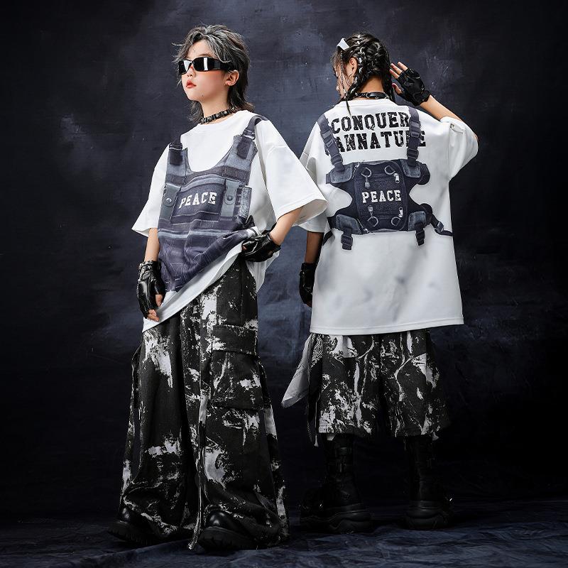 街舞儿童潮服嘻哈男童假两件演出服套装hiphop女童走秀酷帅演出服