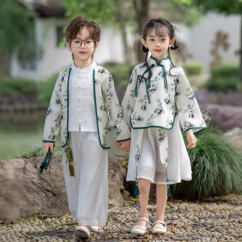 儿童表演服长袖春秋汉服中国风运动风熊猫宝宝中大童演出服男童套