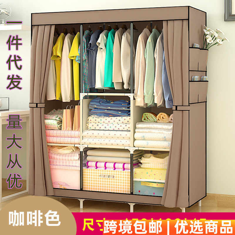 单人无纺布款衣柜窗帘款式设计方便实用钢管自由组装加固组合衣橱