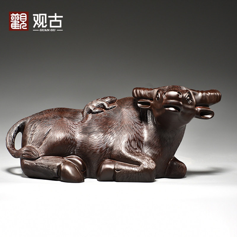 黑檀木雕卧牛摆件老鼠骑牛家居办公室装饰摆设新居开业送礼工艺品