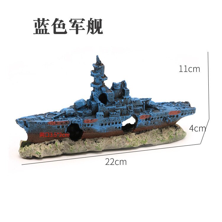 水族箱造景小款船鱼缸迷你摆件装饰船树脂模型彩帆蓝色军舰仿真船