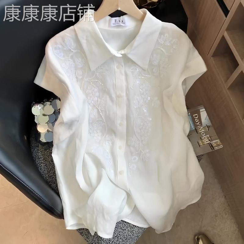 简约休闲知性白色短袖衬衫女2026年夏季新款亮片舒适轻薄大尺码上