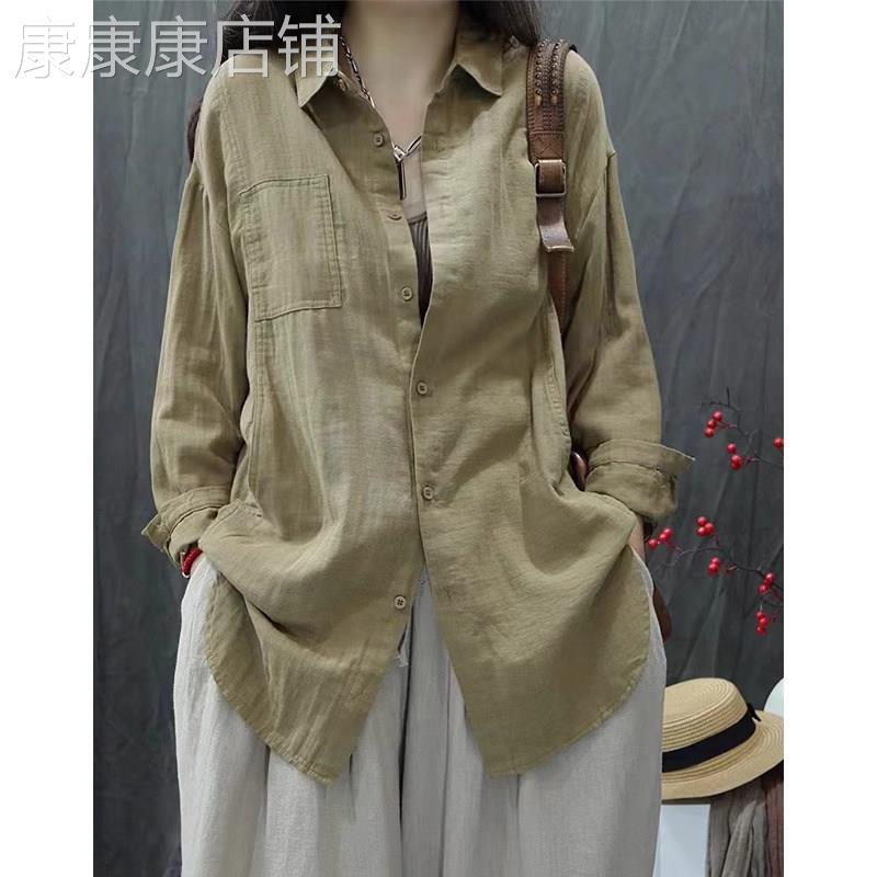 棉麻衬衫女春秋2025新款薄宽松大码慵懒风中长款防晒衬衣外套上衣
