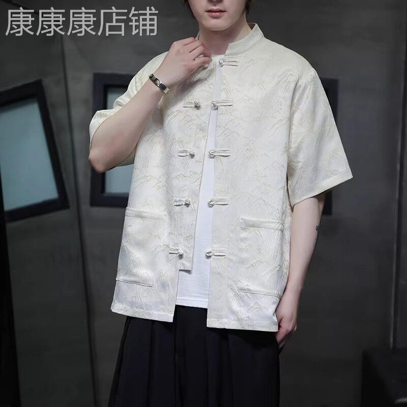 高级感中国风衬衫男夏季薄款宽松立领唐装盘扣山水画男士短袖衬衫