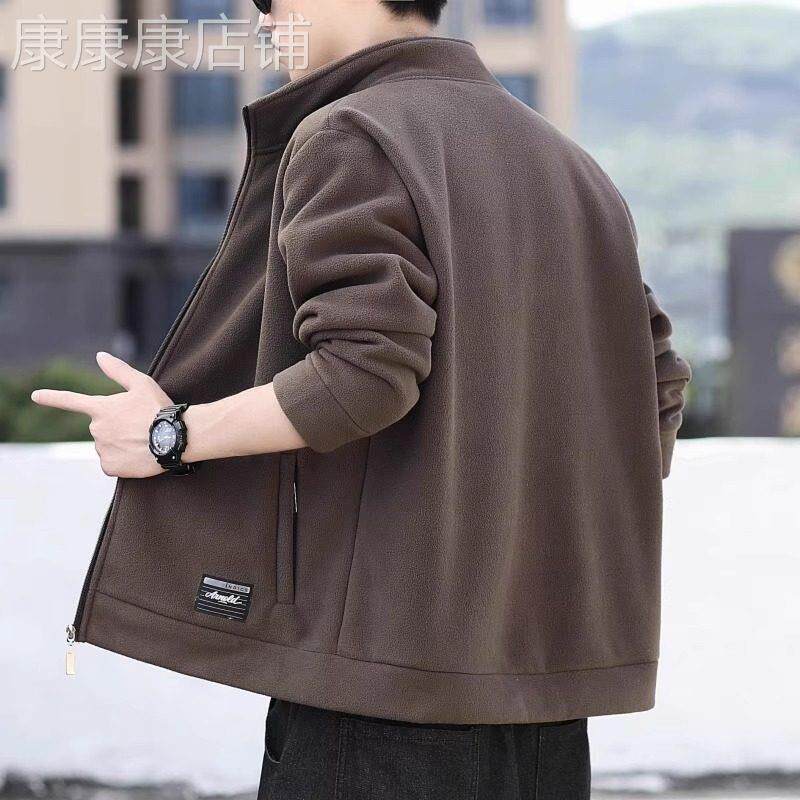 摇粒绒外套男士秋冬季加绒加厚开衫卫衣潮流运动加大码立领抓绒衣