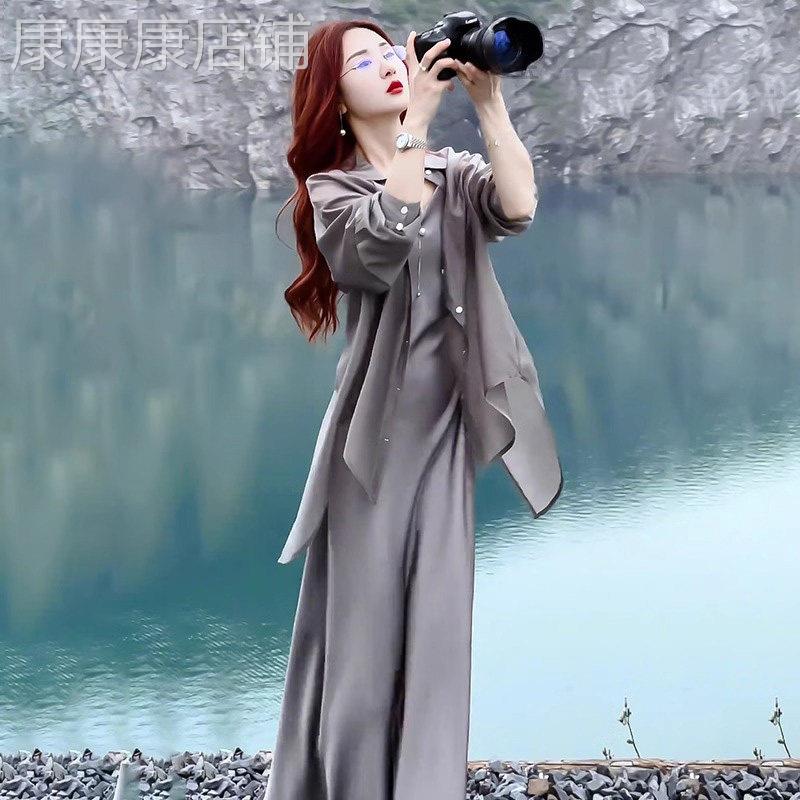 潮牌连衣裙女2026夏季新款防晒衬衫吊带裙搭配夏装一整套装长裙子