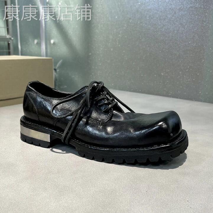 意大利男鞋古大头德比鞋暗黑厚底系带金属方头单鞋粗跟翘头乐福鞋