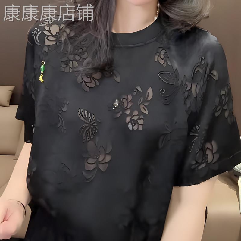 高端轻奢t恤女2026夏季新款爆款黑色圆领镂空印花中长款大码短袖