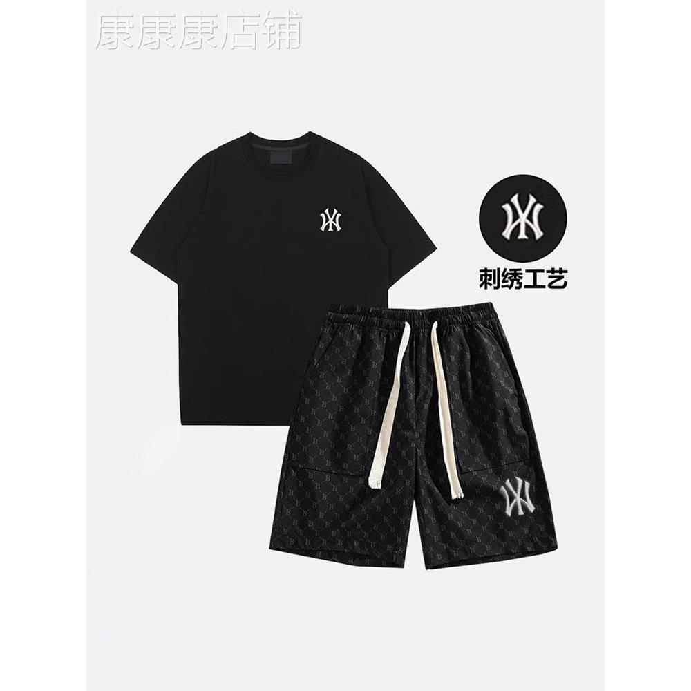 时尚品牌无障碍豪华绣花短袖t恤套装2025年夏季男子新宽松休闲运