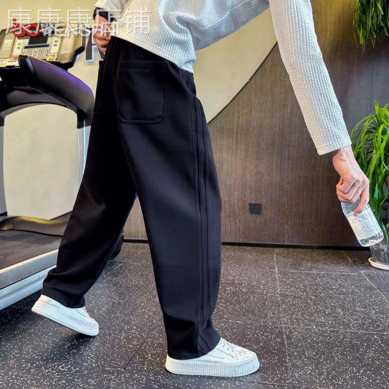 潮牌条纹运动卫裤男士2026新款冬季加绒加厚男裤直筒休闲裤子男款