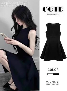 韩式女式黑色连衣裙夏季小赫本式裙子修身Look法国小黑裙短裙