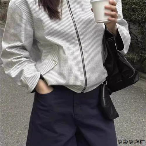 2024韩国荷静同款条纹夹克拉链棒球服外套女复古风双面穿长袖外套