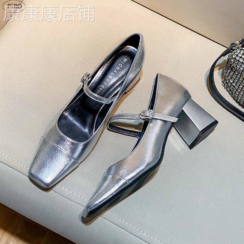 真皮银色方头玛丽珍鞋女2026新款法式复古一字扣带高跟鞋粗跟单鞋
