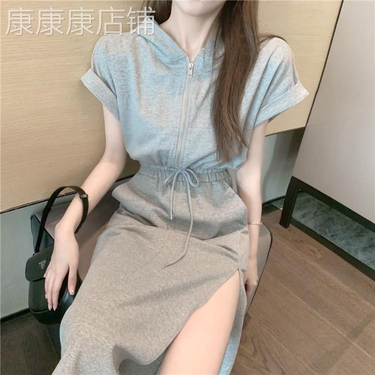 专柜2026夏新款连帽休闲宽松洋装女抽绳系带开叉显瘦过膝长裙潮