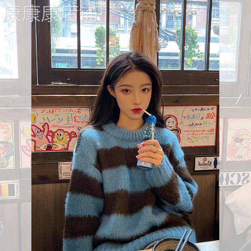 蓝色小香风毛衣女秋季穿搭2025新款高级感慵懒宽松韩系针织衫上衣