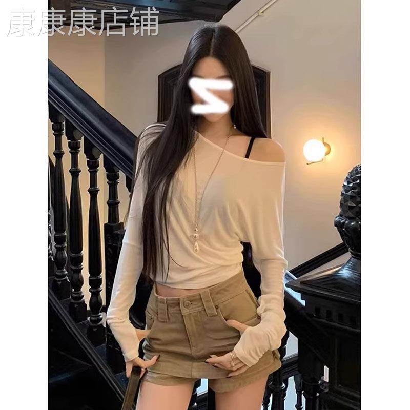 纯欲白色长袖t恤防晒罩衫女夏季欧货外穿宽松露肩斜肩一字肩上衣