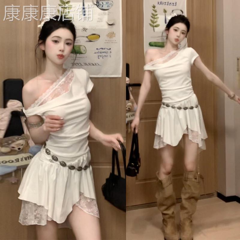 英国DHWA纯欲风斜肩蕾丝拼接连衣裙女夏设计感不规则短裙