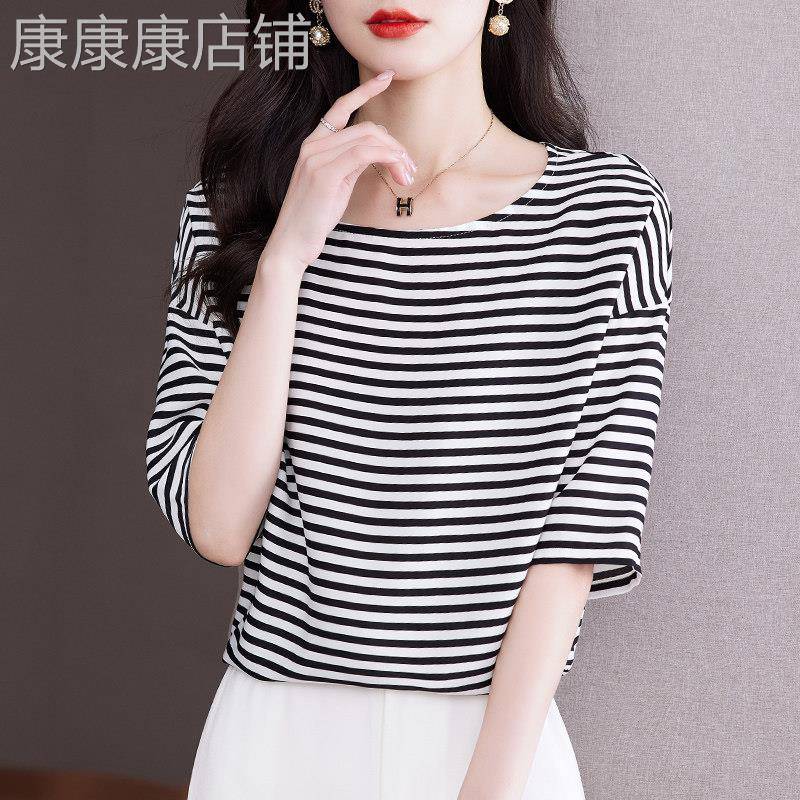 爆款2026圆领条纹雪纺衫女夏季宽松遮肚子小衫五分袖气质洋气上衣