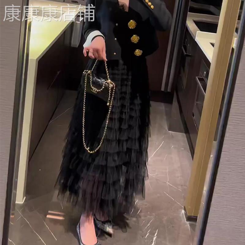 黑色网纱半身裙女夏季2025新款韩系百搭高腰显瘦松紧腰长版蛋糕裙
