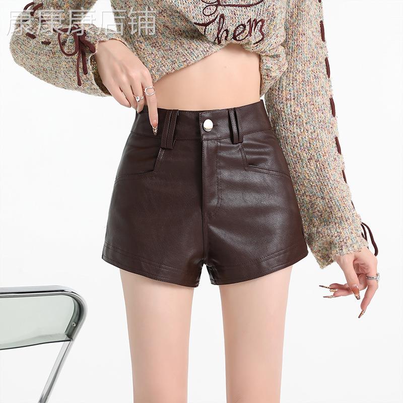 美国覆古真皮女士短裤2024秋冬高腰修身性感紧身a字抱臀热裤新潮