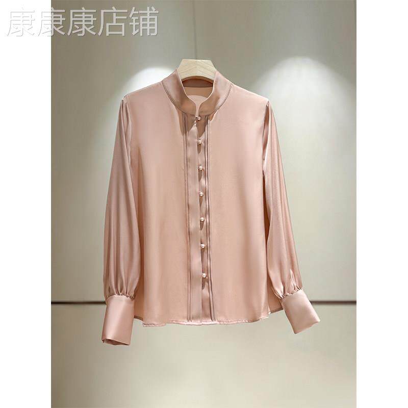 藕粉色真丝双乔新中式衬衫女2026早春新款立领气质高端桑蚕丝衬衣