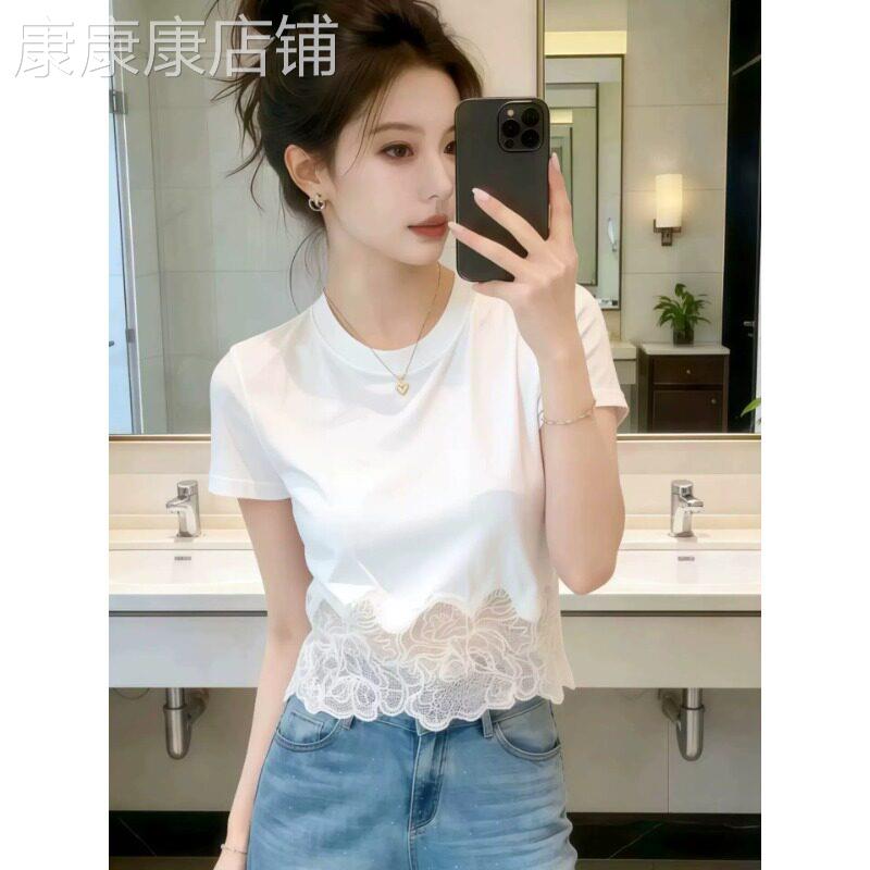 白色蕾丝下摆短袖T恤女2026夏季新款设计感小个子短款正肩上衣ins