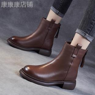 秋冬新款真皮复古马丁靴女鞋头层全牛皮软底瘦瘦靴加绒保暖短靴潮