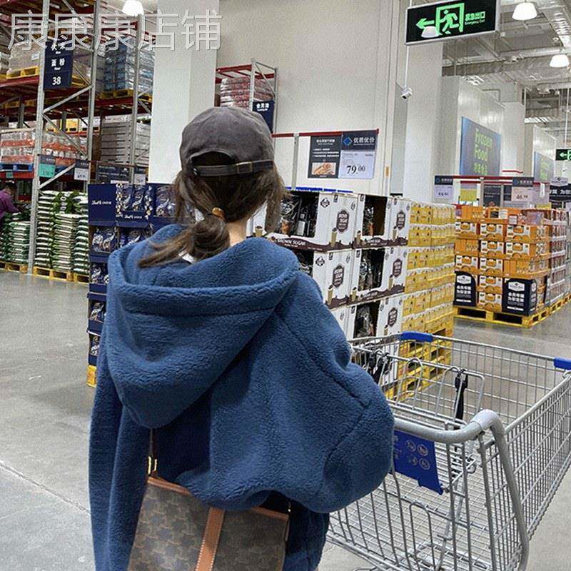 蓝色彷羊羔毛卫衣女秋冬季欧货爆款小个子上衣加厚连帽棒球服开