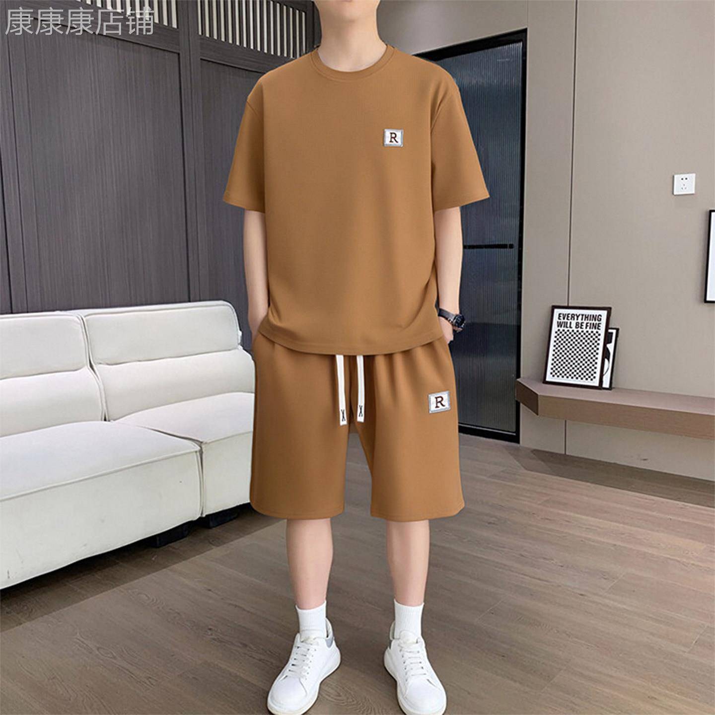 MK正品冰丝休闲运动套装男夏季2026年新款高端透气男士时尚两件套