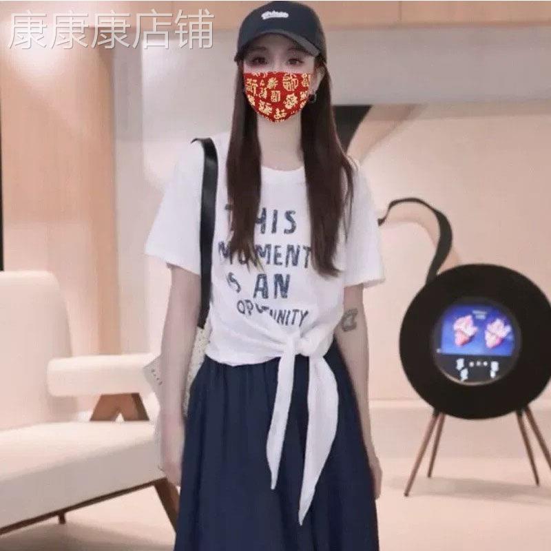 设计感下摆绑带短袖T恤女2026年夏季新款欧货宽松字母印花上衣潮