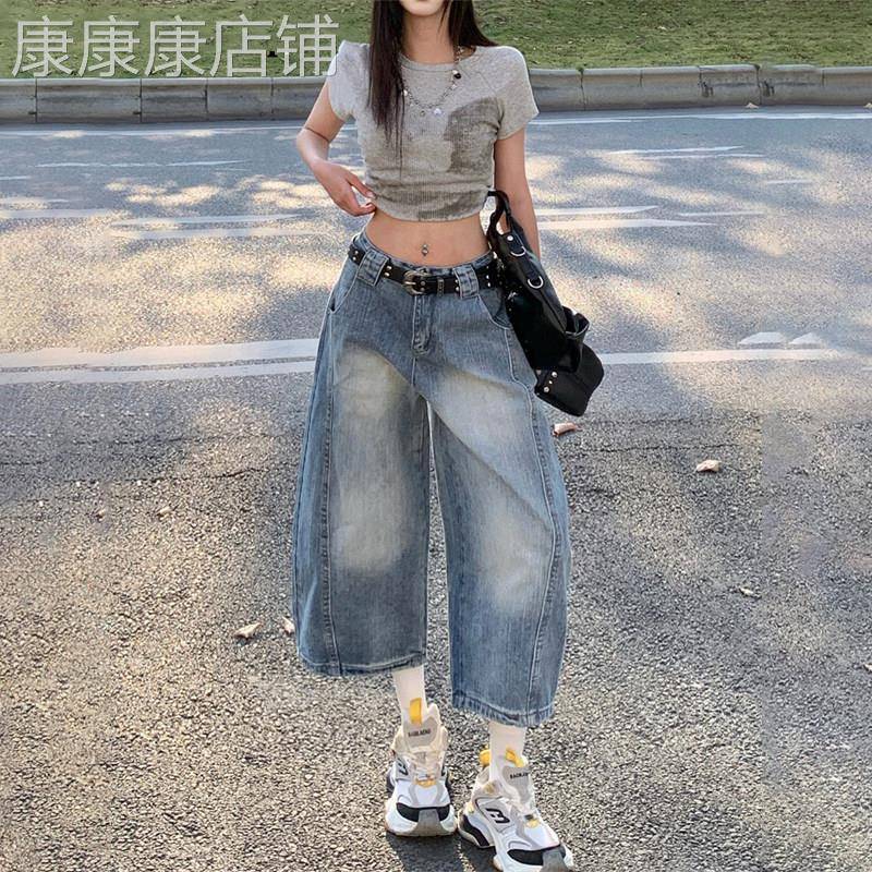 潮牌时尚美式高阶vibe弯刀牛仔七分裤女夏季新款百搭休闲阔腿五分