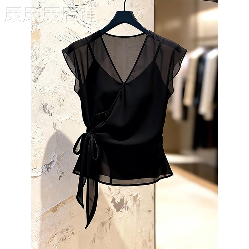 轻熟风黑色V领短袖衬衫女士新款夏季薄款微透修身显瘦1/4吋套筒扳