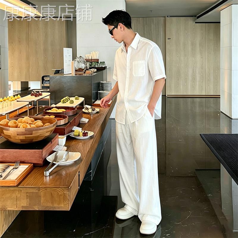 高端2026夏季男生老钱风套装慵懒风松弛白色衬衫直筒裤防晒两件套