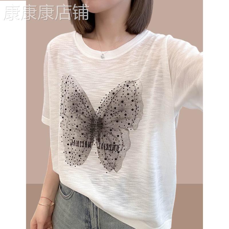 冰丝短袖t恤女夏季2026新款宽松韩版显瘦白色竹节棉洋派百搭上衣