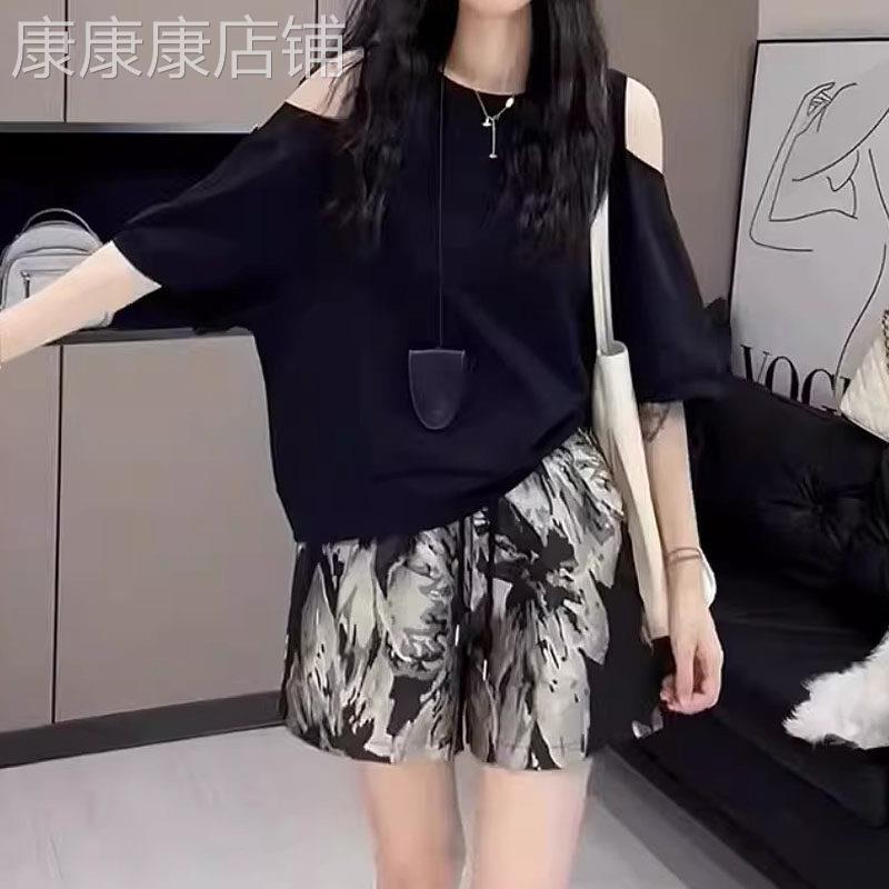 镂空露肩短袖T恤女夏季欧货松弛感显瘦大码胖MM显瘦独特别致上衣