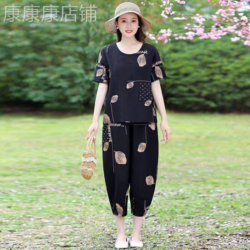 中老年妈妈大尺码宽松棉麻短袖套装女2026夏季新款休闲上衣裤两件
