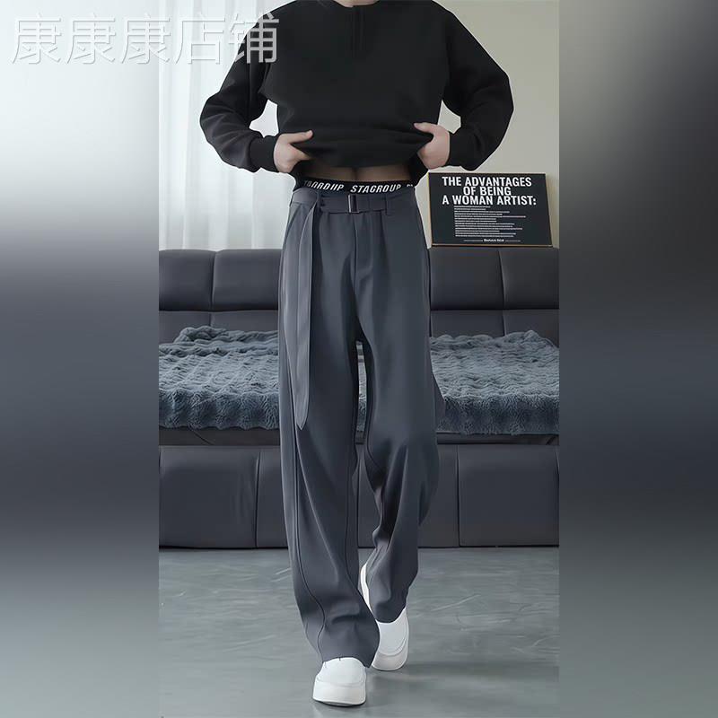 高端cleanfit灰色西裤男士2026春季垂感宽松阔腿弯刀裤直筒休闲裤