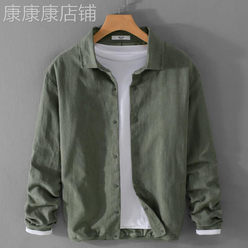 MAROLIO~复古棉麻休闲夹克男中式纯色透气苎麻翻领亚麻外套