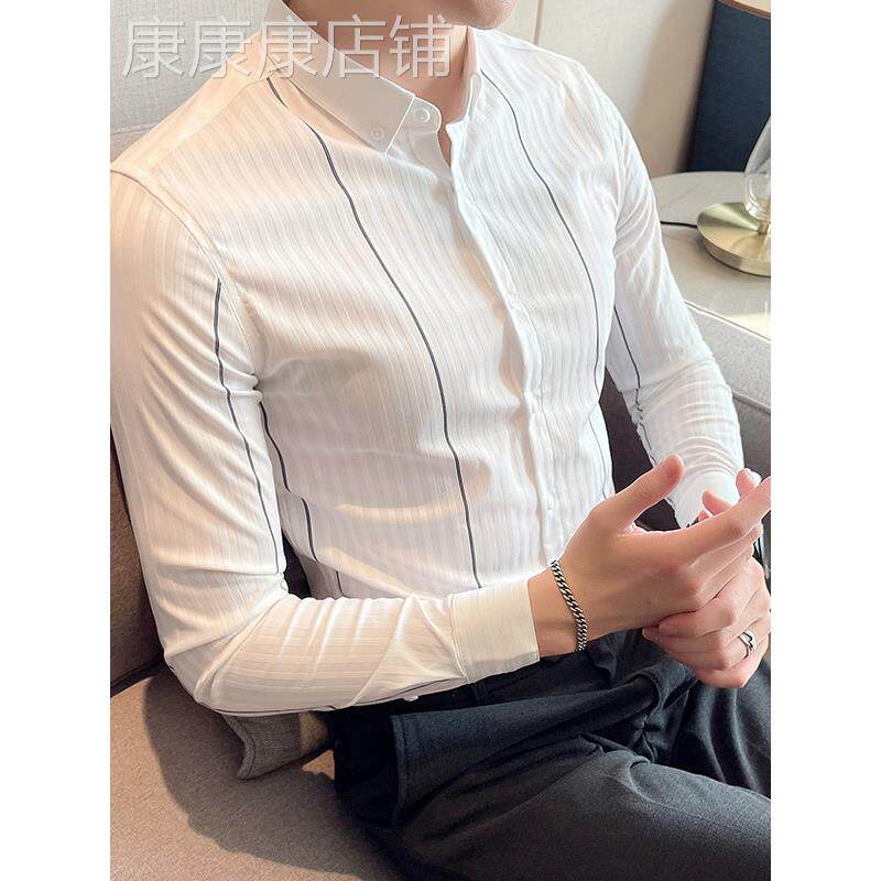 高级感条纹衬衫男长袖休闲修身白色男士衬衣商务免烫内搭寸衫潮流