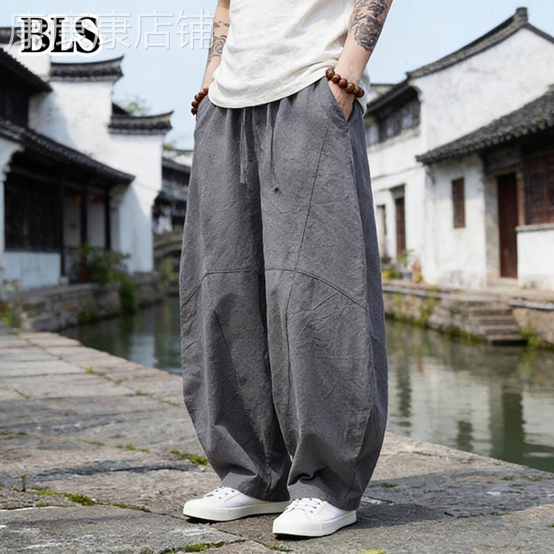 高端亚麻弯刀休闲裤男士夏季薄款2026新款宽松棉麻男款阔腿灯笼裤图片