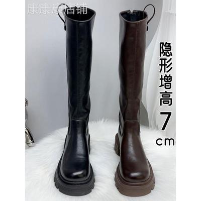 香港真皮大筒围长筒靴女2025秋冬新款爆款厚底不过膝高筒骑士靴子