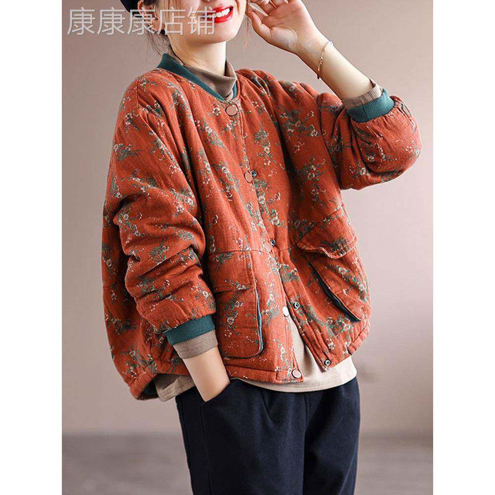 覆古冬季印花夹棉外套女2025年春秋新款棉衣宽松休闲保暖短款棉服