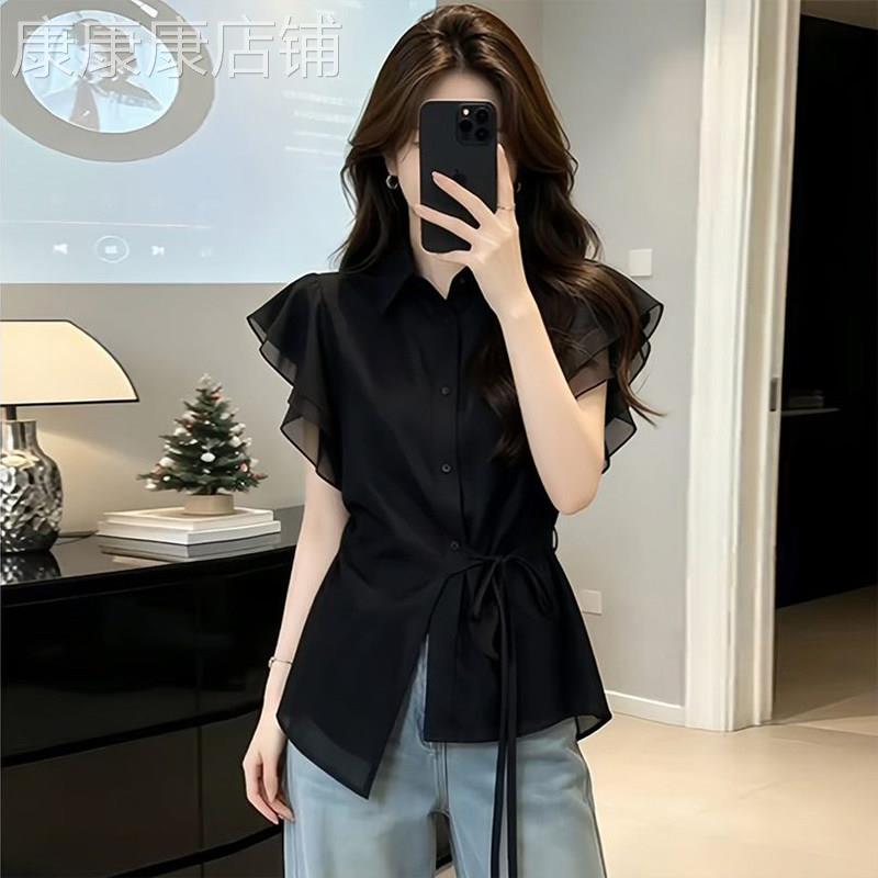 欧洲站大尺码黑色雪纺短袖衬衫女夏季2026新款显瘦收腰荷叶边上衣
