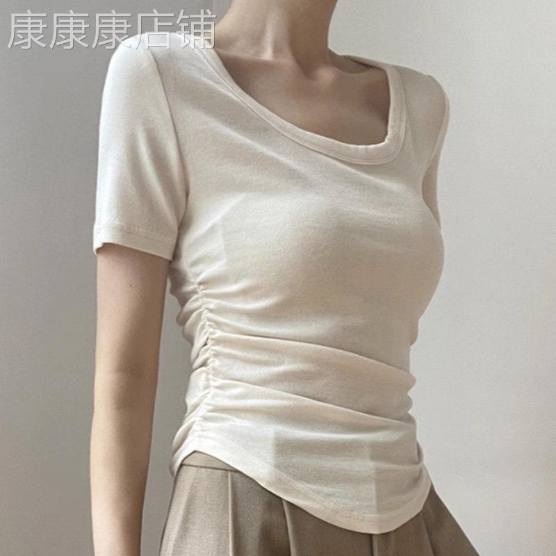 白色褶皱设计感T恤女夏季新款修身紧身收腰短袖别致弧形下摆上衣