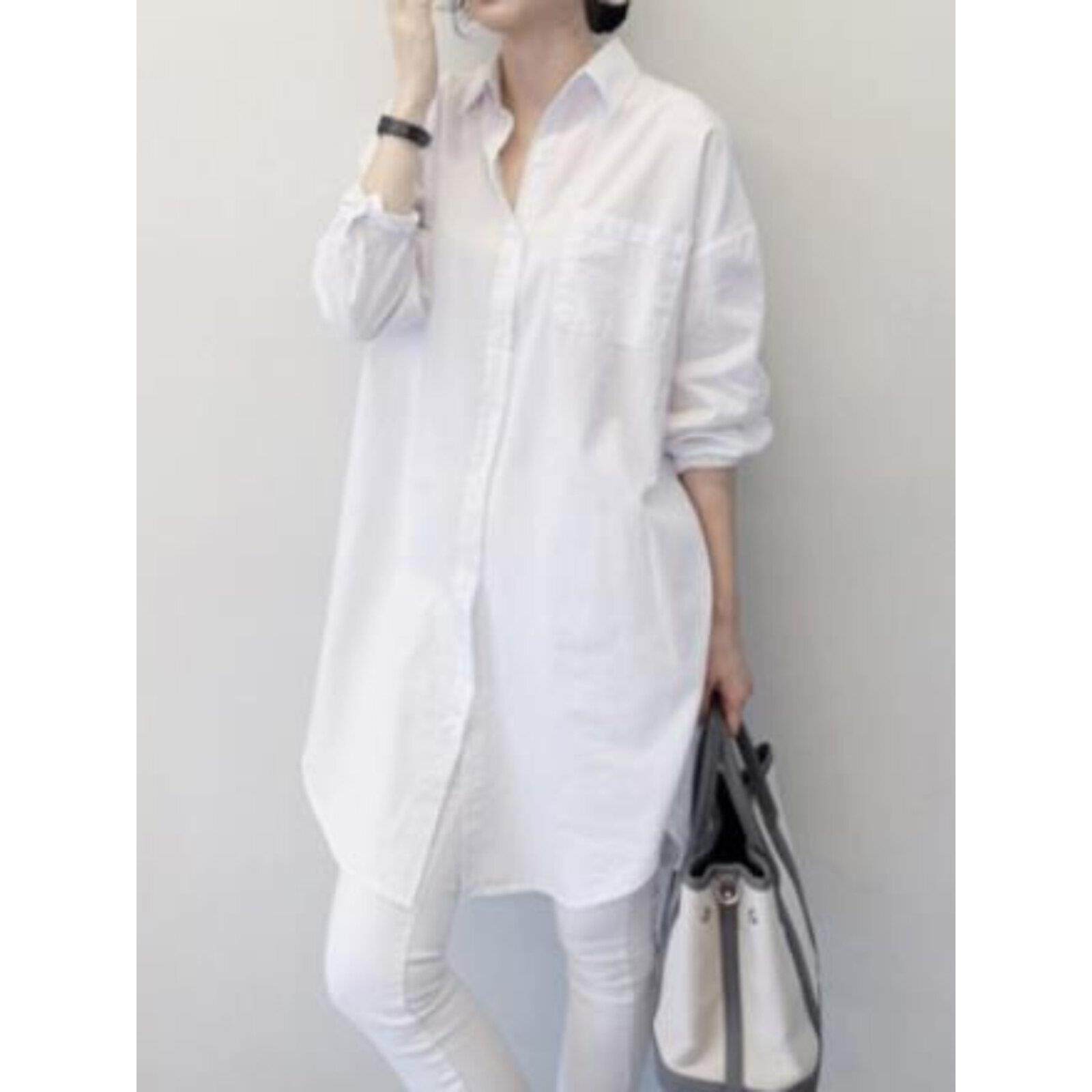 韩国夏天新款宽松bf风纯棉中长款白色衬衫女大码休闲长袖衬衣女