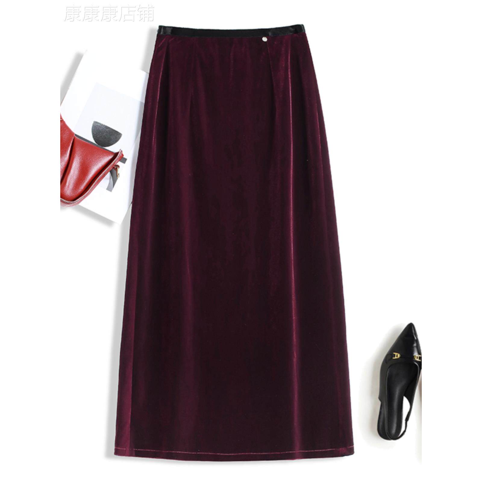 大码女装安可拉红高腰包臀金丝绒半身裙高级感后开叉气质显瘦裙子
