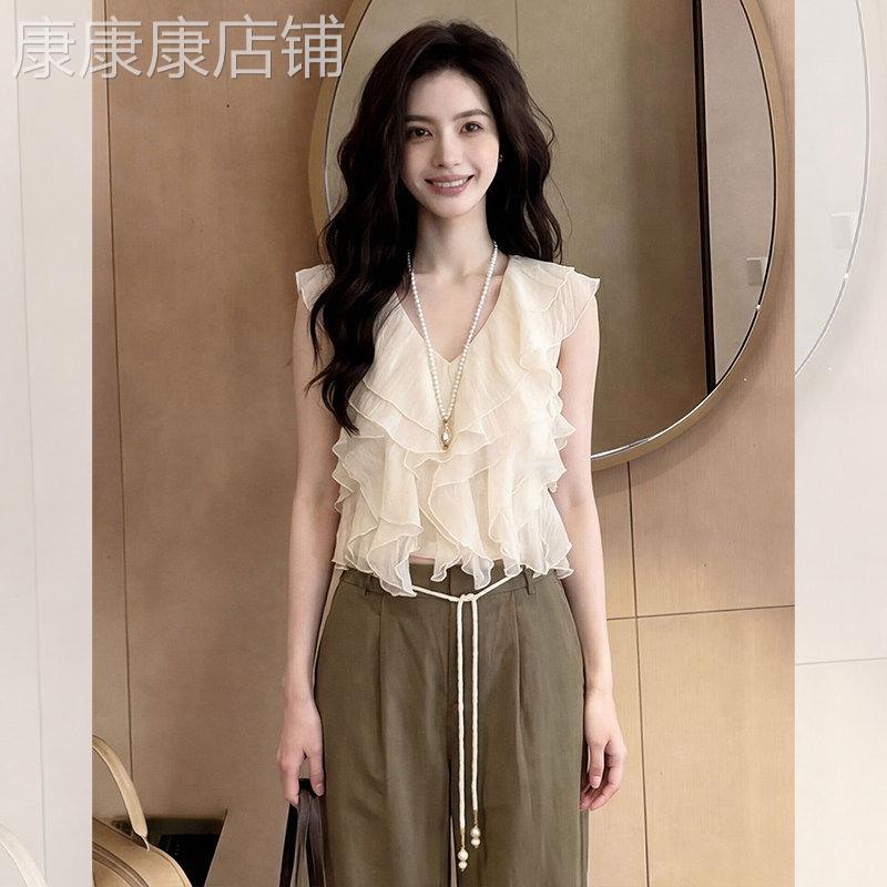 无袖雪纺衫女夏新款薄洋派V领甜美荷叶边设计感显瘦减龄百搭上衣