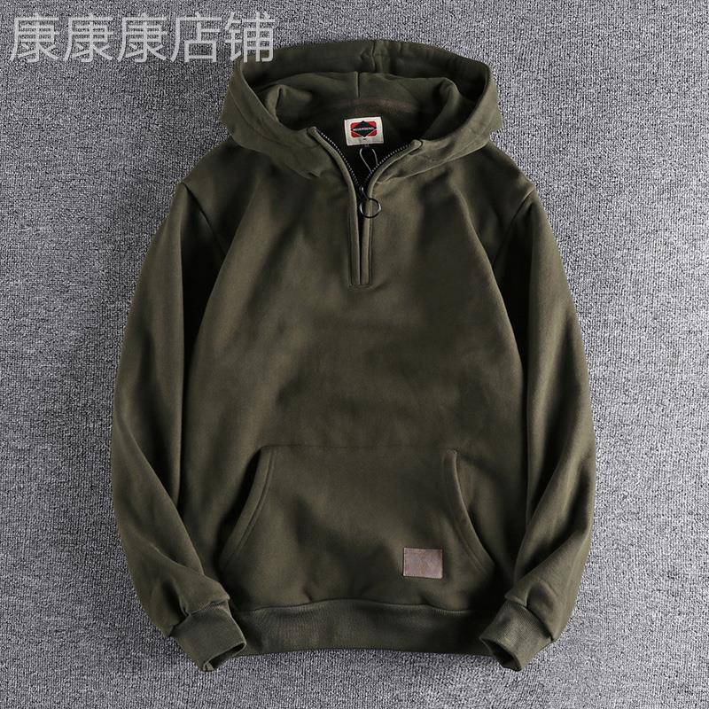 代购香港潮男冬季做旧半开领青年外套高克重加绒保暖男士连帽卫衣
