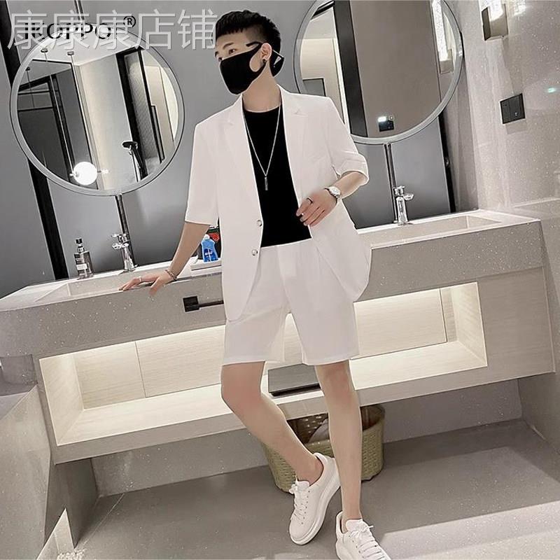 西装套装男士夏季薄款纯色短袖时尚痞帅男装一套潮流休闲西服外套